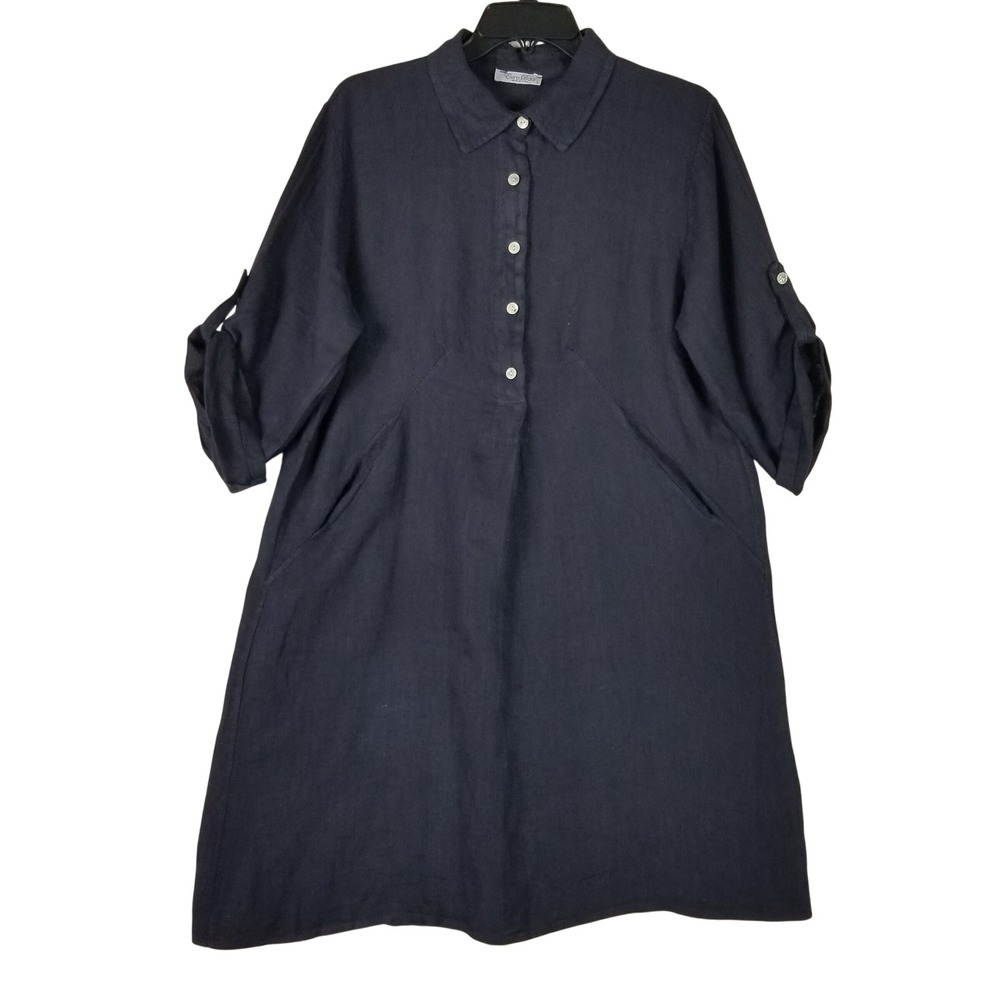 Elena Baldi Tunic Dress Women L Navy Blue Linen Roll Tab Sleeve Made in Italy